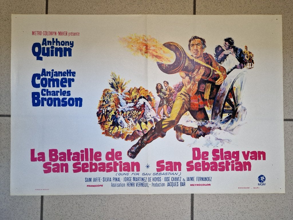 filmaffiche Anthony Quinn Guns For San Sebastian filmposter, Rechthoekig Liggend, Ophalen of Verzenden, Zo goed als nieuw, A1 t/m A3