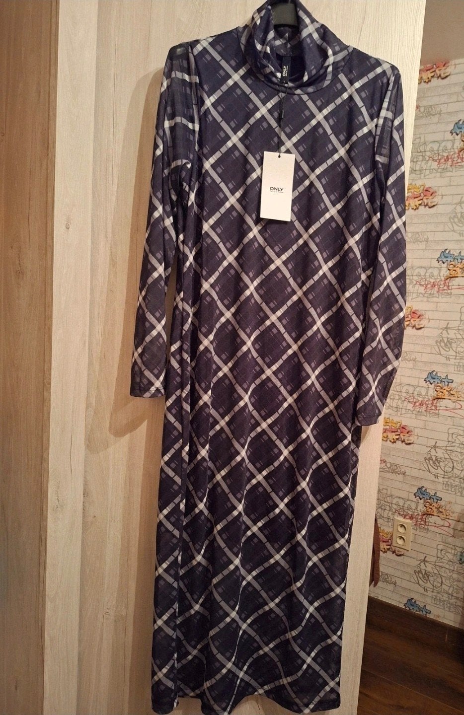 Nieuwe ONLY Mesh Midi Jurk - Maat L - Geruit, Enlèvement, Taille 42/44 (L), Gris