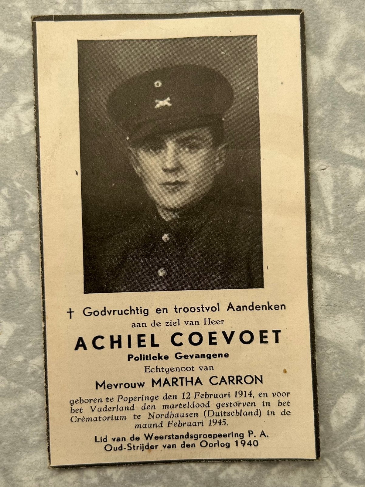1945 : WEERSTANDER Achiel Coevoet , geboren te Poperinge, Ophalen of Verzenden