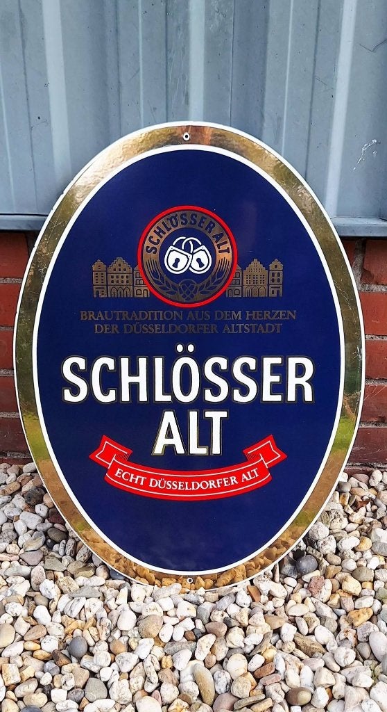 Vintage emaille reclamebord van Schlösser Alt(Boos & Hahn)., Enlèvement ou Envoi, Utilisé, Panneau publicitaire