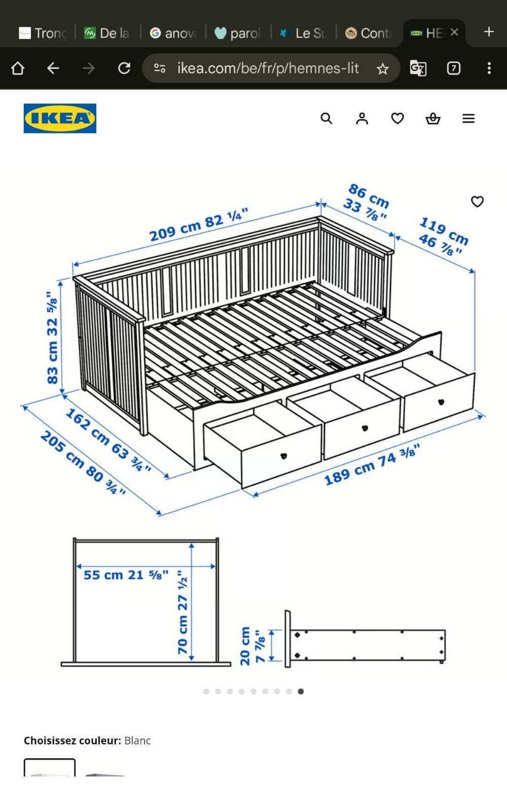 Lit banquette Ikea Hemnes, Enlèvement, Utilisé, 200 cm, Blanc