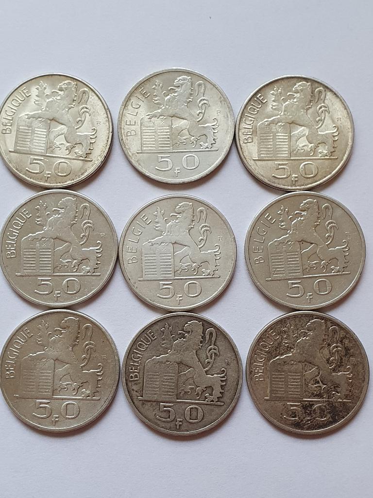 9x 50 Francs 1948-1951 Prins Karel, Postzegels en Munten, Ophalen of Verzenden, Zilver, Zilver