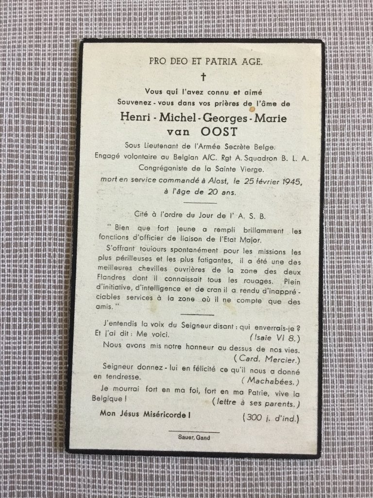 Oorlogsslachtoffer H.van Oost gesneuveld te Aalst 1945 WOII, Verzamelen, Verzenden