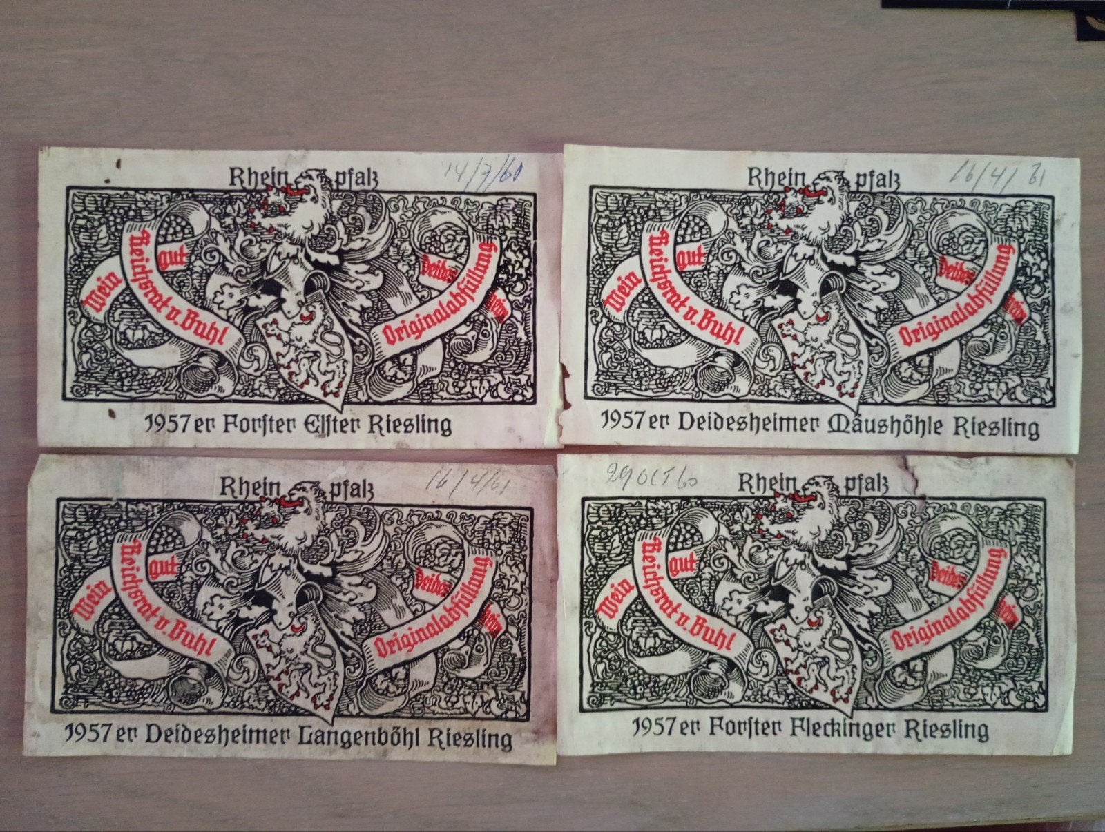 4 wijn etiketten jaren 50 Reichsrat v. Buhl, Verzamelen, Ophalen