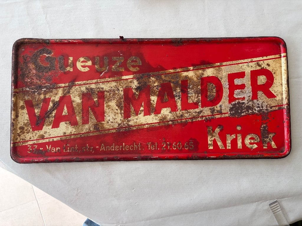 Origineel vintage Van Malder Gueuze Kriek reclamebord, Verzenden, Gebruikt, Reclamebord, Plaat of Schild, Overige merken