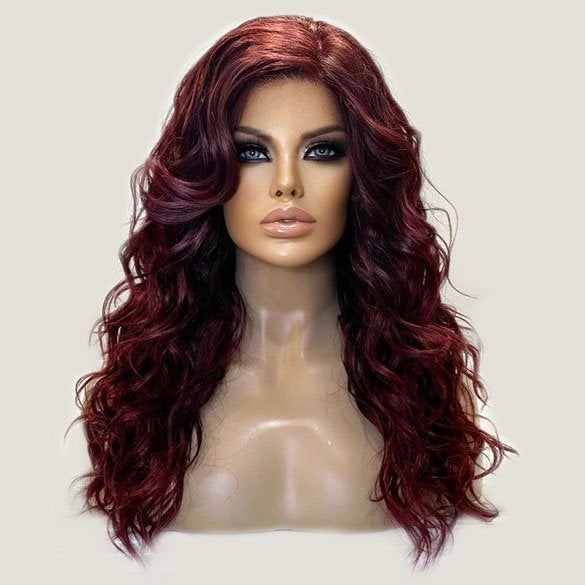 Swiss lace pruik wijnrood lang haar beach wave krullen Calyx, Ophalen of Verzenden, Nieuw