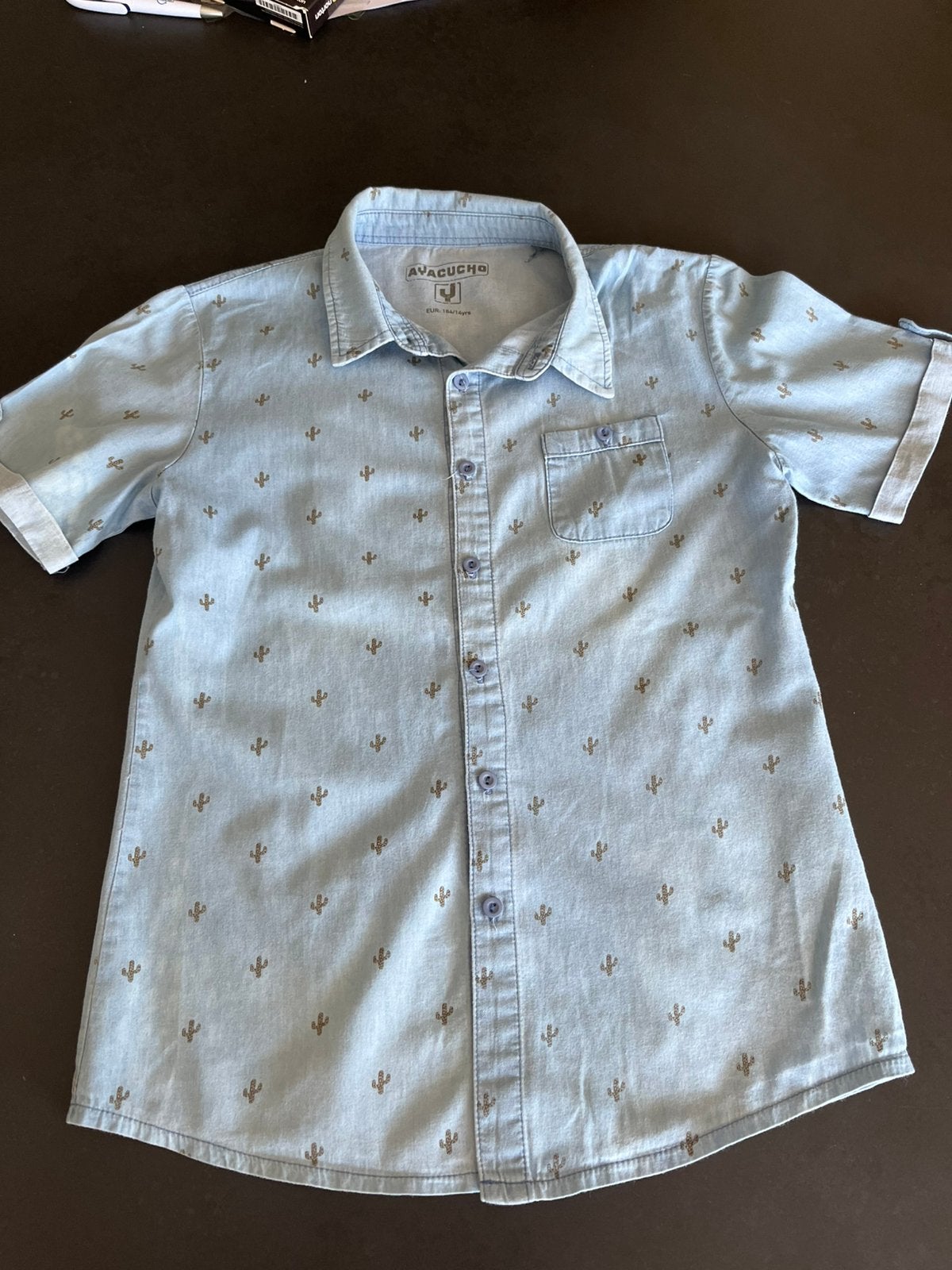 Ayacucho licht blauw hemdje met cactussen. Maat 164., Enfants & Bébés, Enlèvement ou Envoi, Utilisé, Garçon, Chemise ou Chemisier