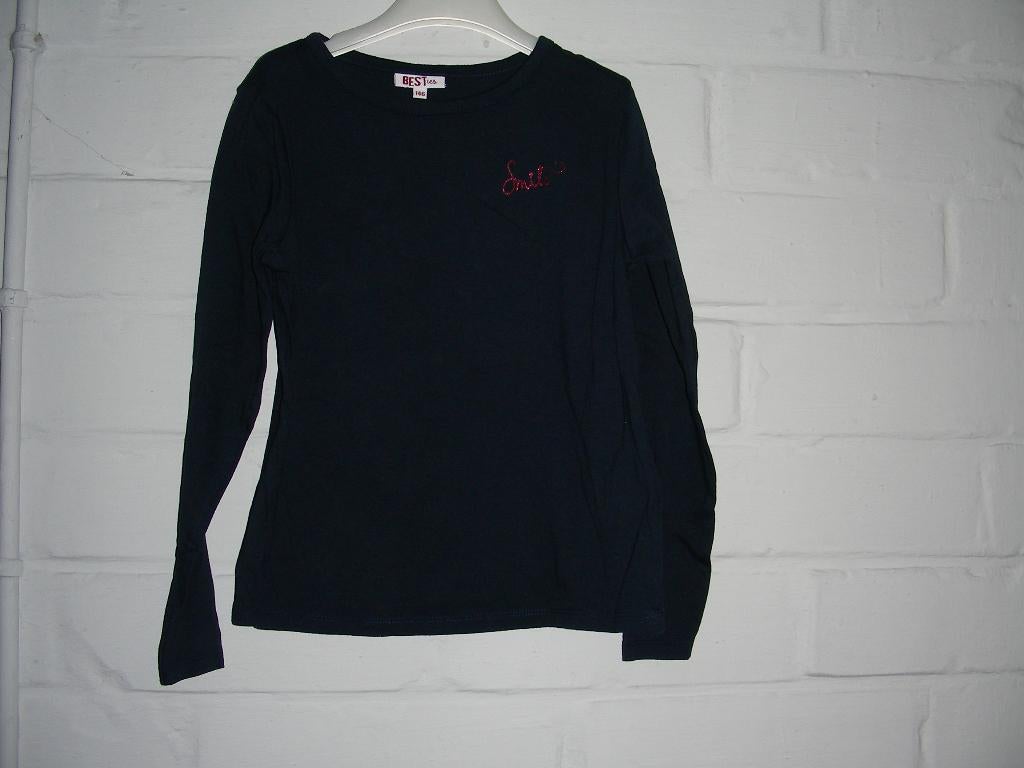 Donkerblauw t-shirt lange mouwen tekst 'Smile', JBC, 146, Kinderen en Baby's, Kinderkleding | Maat 146, Meisje, Ophalen of Verzenden