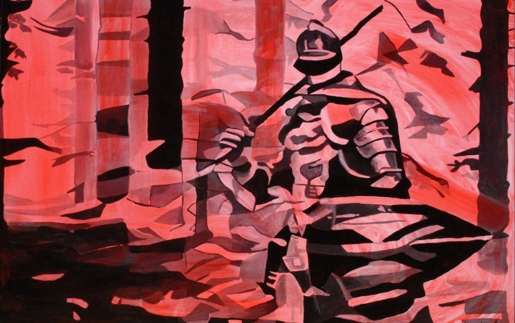 Schilderij knight in shining armor, Antiquités & Art, Art | Peinture | Classique, Portrait ou Personnes, Peinture acrylique, Surréalisme