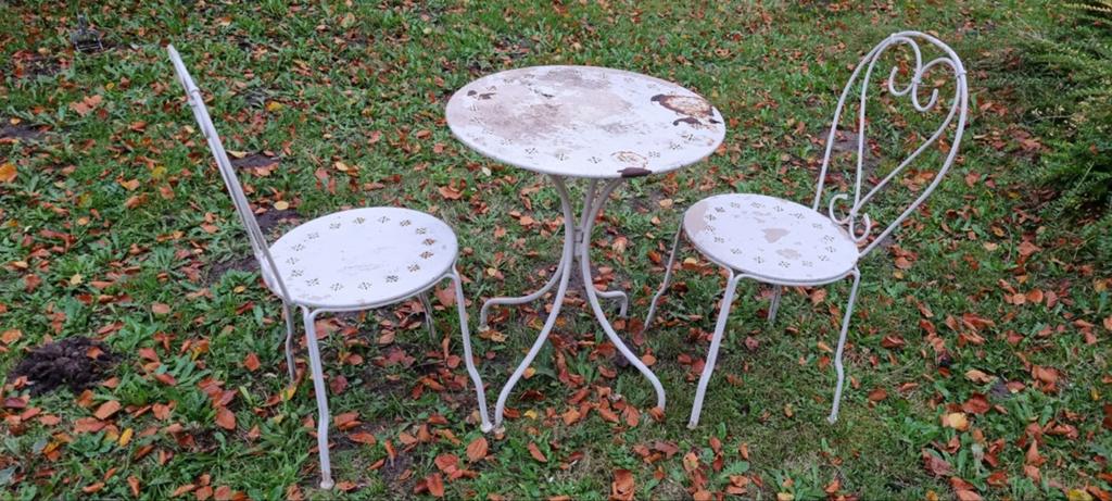 Tafel en 2 stoelen, retro, Tuin en Terras, Ophalen, Gebruikt, 2 zitplaatsen, Tuinset
