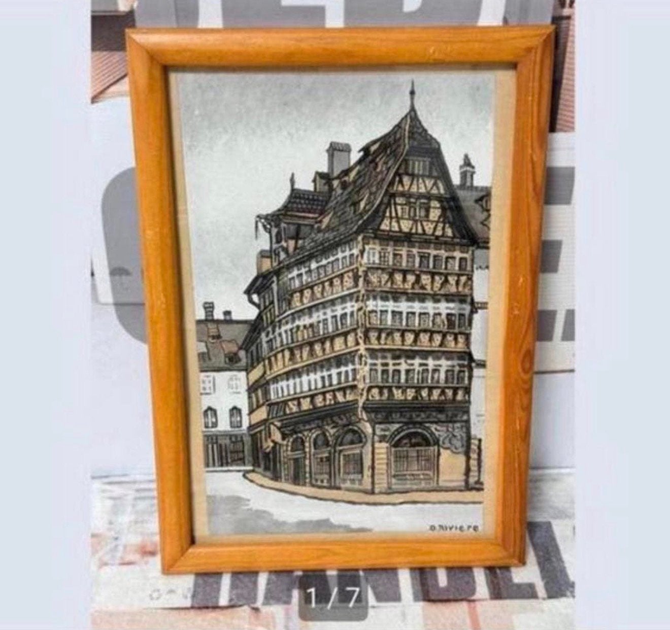 Peinture d'art de 1960 D. Rivière Maison Kammerzell France, Antiquités & Art, Art | Peinture | Classique, Paysage urbain / rural