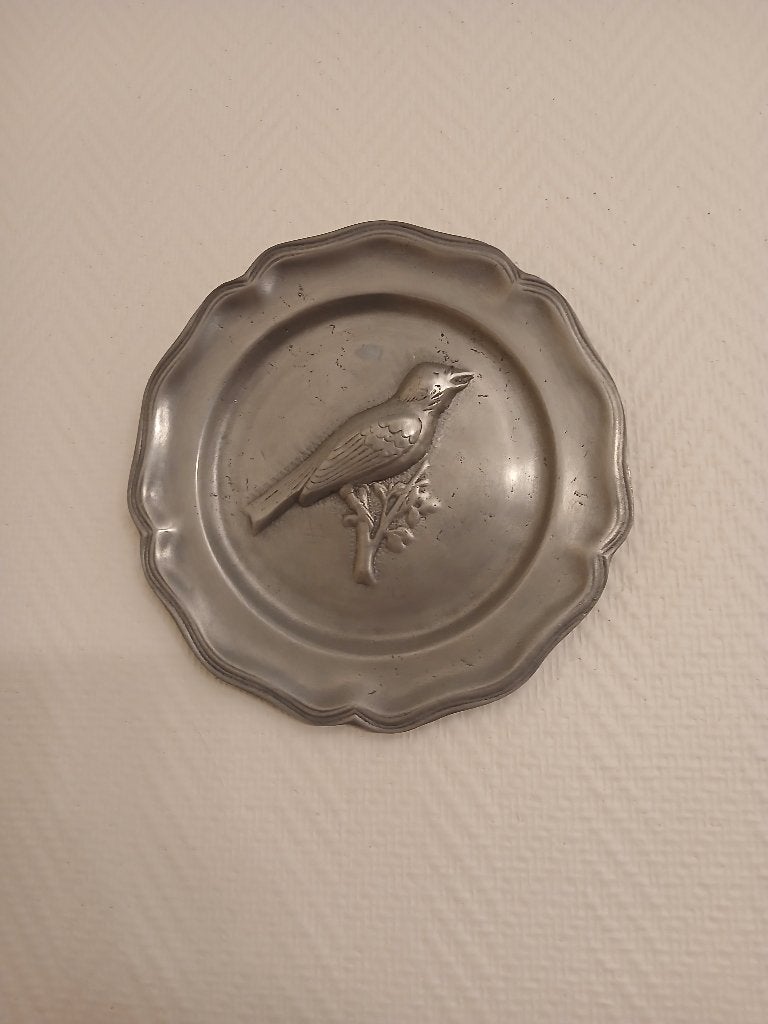 Assiette décorative murale en étain, oiseau, diamètre 22cm, Enlèvement