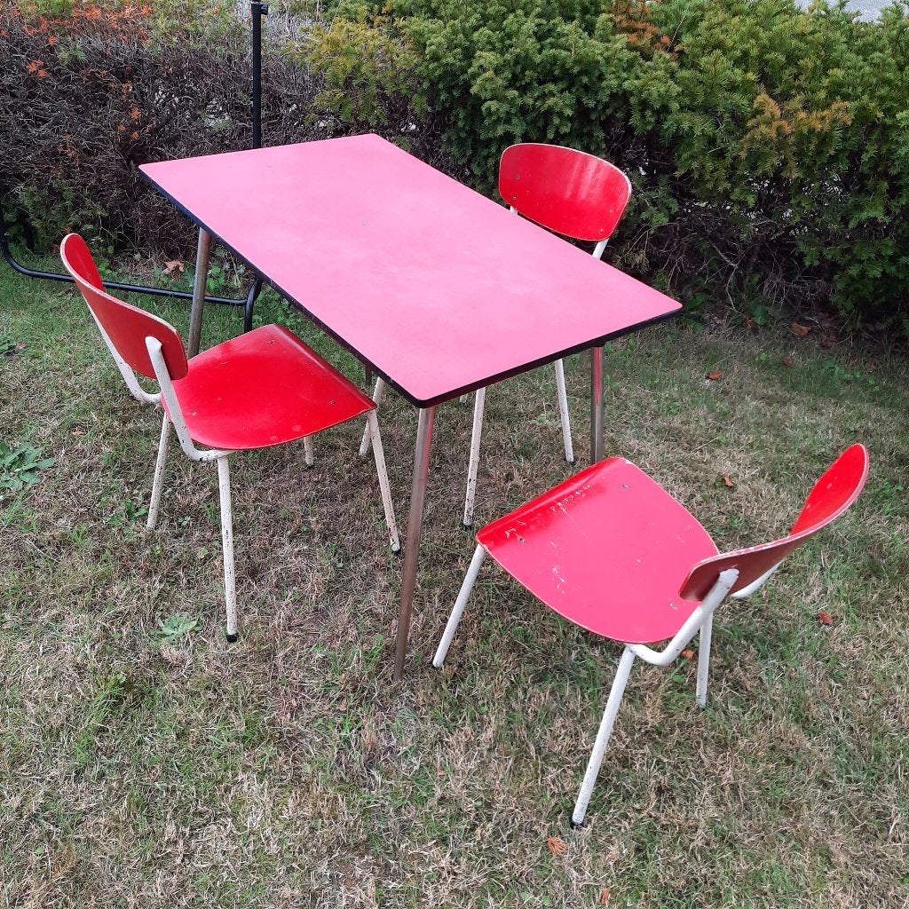 vintage tafel met 3 stoelen, Ophalen, Drie, Vintage, Rood
