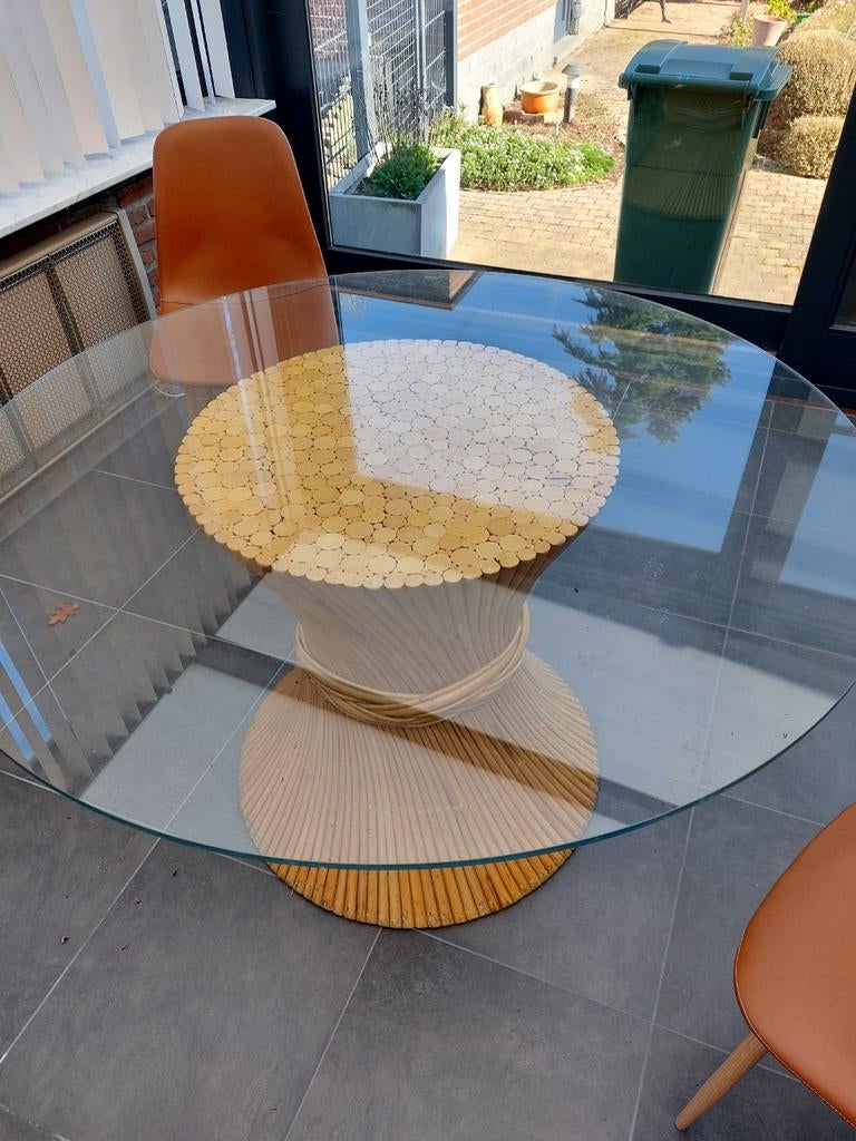 Vintage tafel rotan met glazen blad, Huis en Inrichting, Tafels | Salontafels, Ophalen
