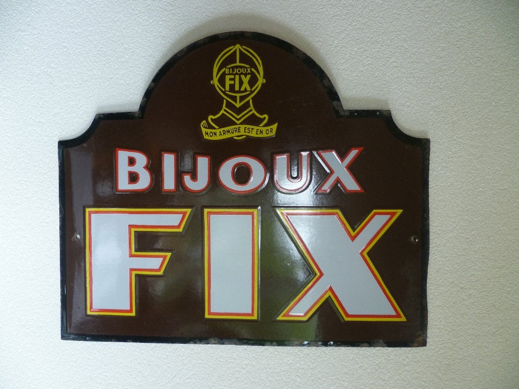 PANNEAU D'AFFICHAGE  EN ÉMAIL « BIJOUX FIX » DES ANNÉES 1930, Enlèvement ou Envoi, Utilisé, Panneau publicitaire