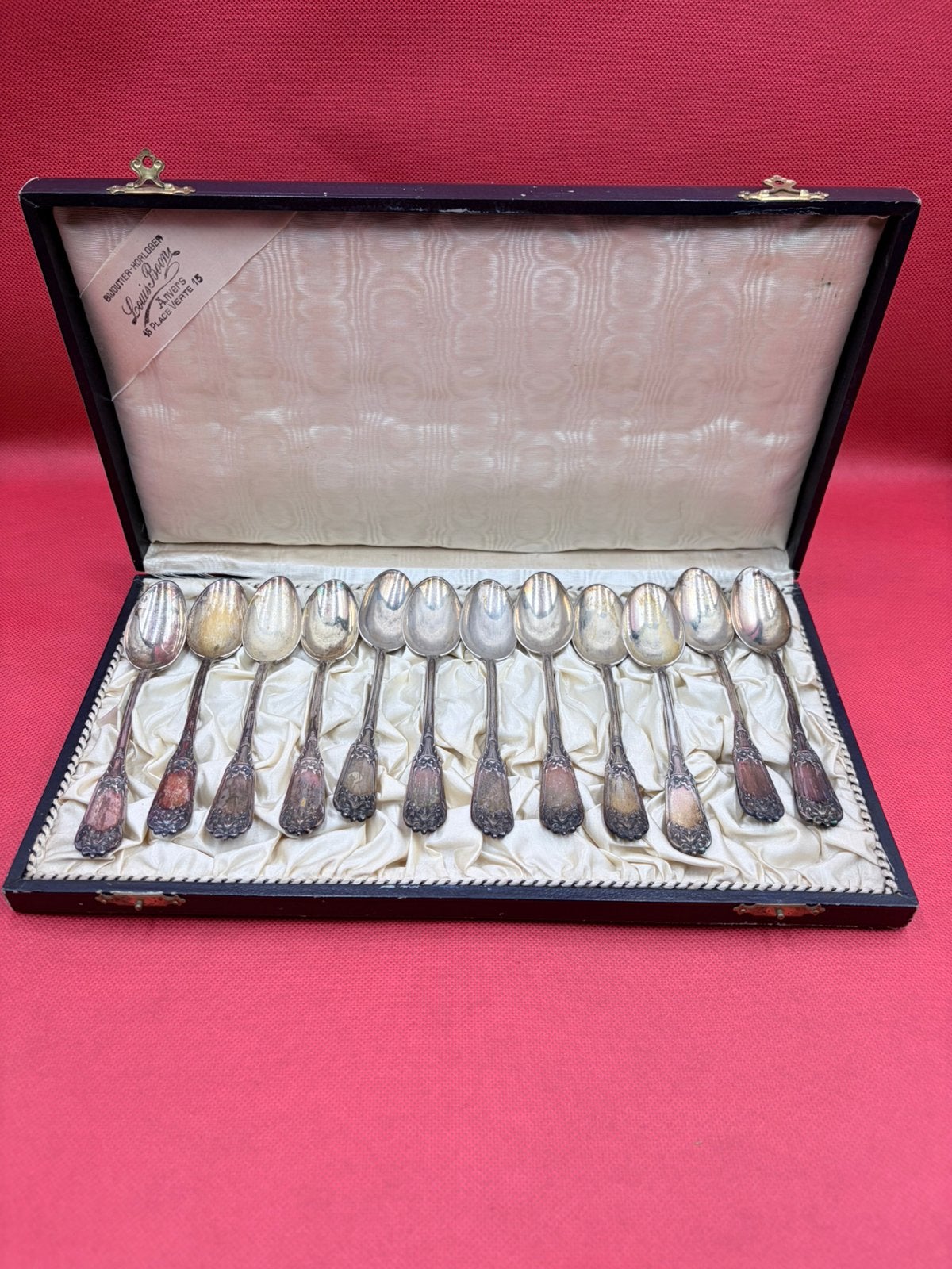 Set 12 Zilveren Lepeltjes 14,2cm Louis Brum Anvers Doos, Ophalen of Verzenden, Zilver