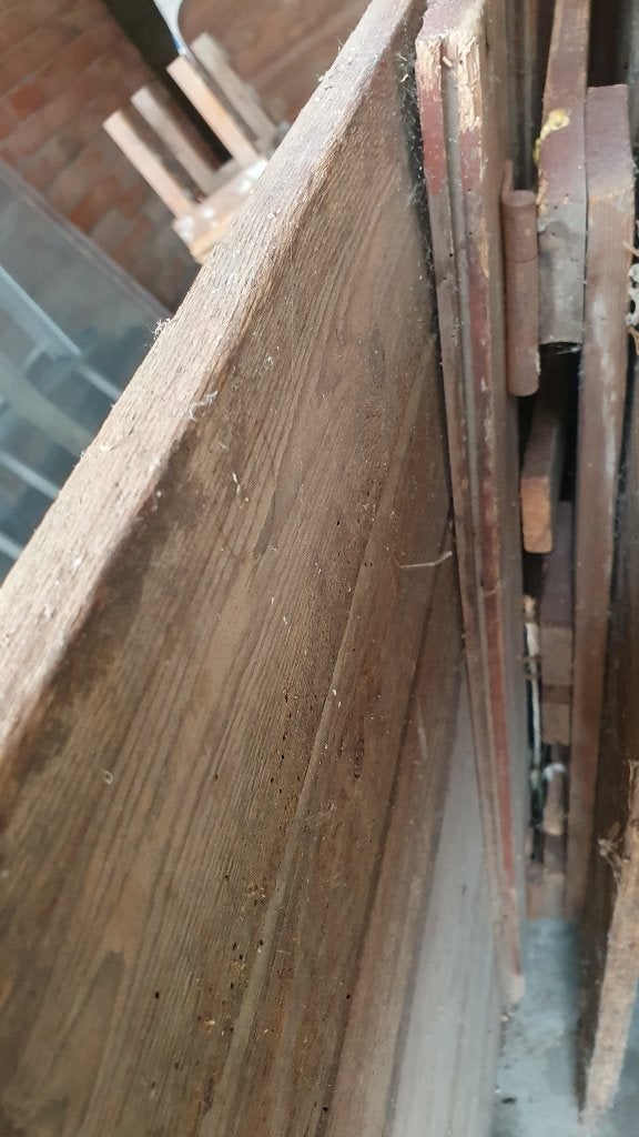 3 authentiek (zware) houten schraagtafels, Ophalen, Gebruikt
