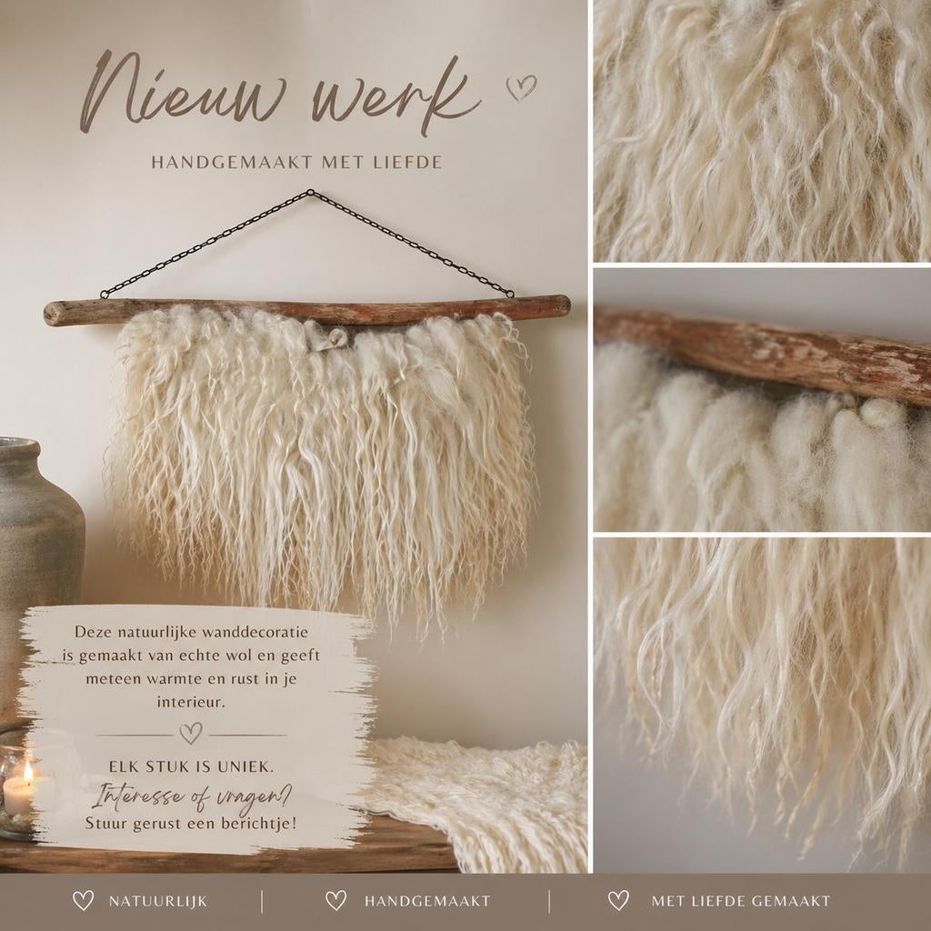 Wandhanger van de geschoren wol van Drentse Heideschapen., Hobby en Vrije tijd, Ophalen of Verzenden