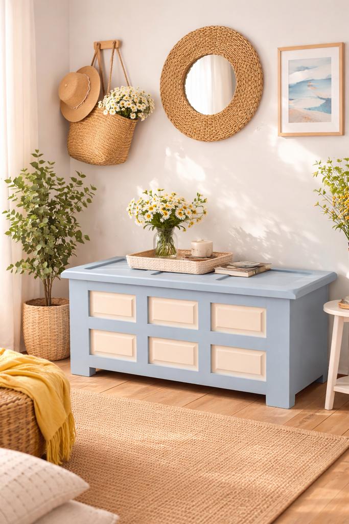 Unieke geupcyclede opbergkist – pastelblauw – 99 cm, Huis en Inrichting, Ophalen, Minder dan 50 cm, 50 tot 100 cm, Zo goed als nieuw