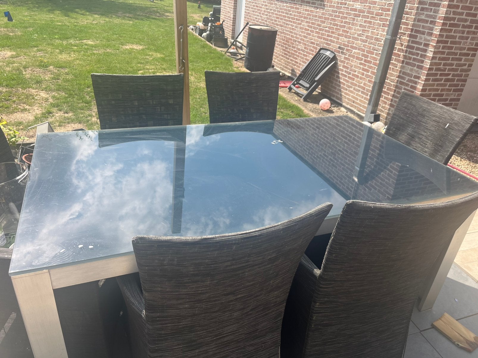 Tuinset alu en glas met 6 stoelen- goede staat, Ophalen, Gebruikt, 6 zitplaatsen, Aluminium