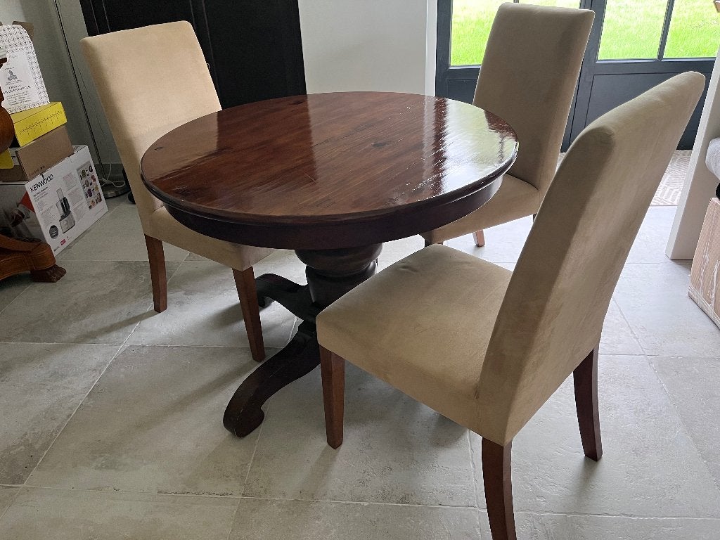 Massief houten eettafel, diameter 100 cm, 3 stoelen., Ophalen, Rond, Zo goed als nieuw, Vier personen