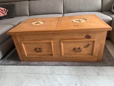 Massief houten salontafel met opbergruimte –landelijke stijl, Huis en Inrichting, Ophalen, 50 – 75, Gebruikt, 100 tot 150 cm