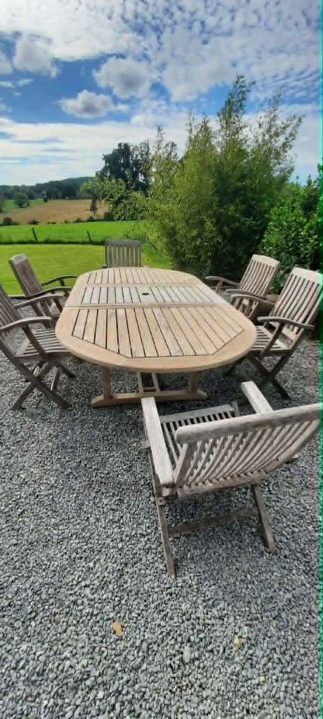 teakhouten set: grote tafel! 240 van de 120 en 6 stoelen, Ophalen, Gebruikt, Eettafel, Loungeset