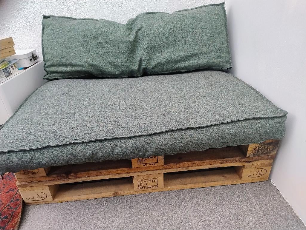 Palletkussenset groen (incl 2 palletten), Tuin en Terras, Tuinsets en Loungesets, Ophalen, Zo goed als nieuw, Bank, 2 zitplaatsen