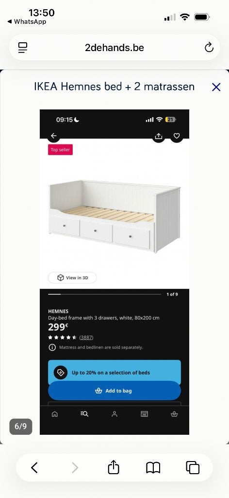 Canapé-lit blanc Hemnes pour 2 personnes à l'état neuf, Comme neuf, Enlèvement, 200 cm, Deux personnes