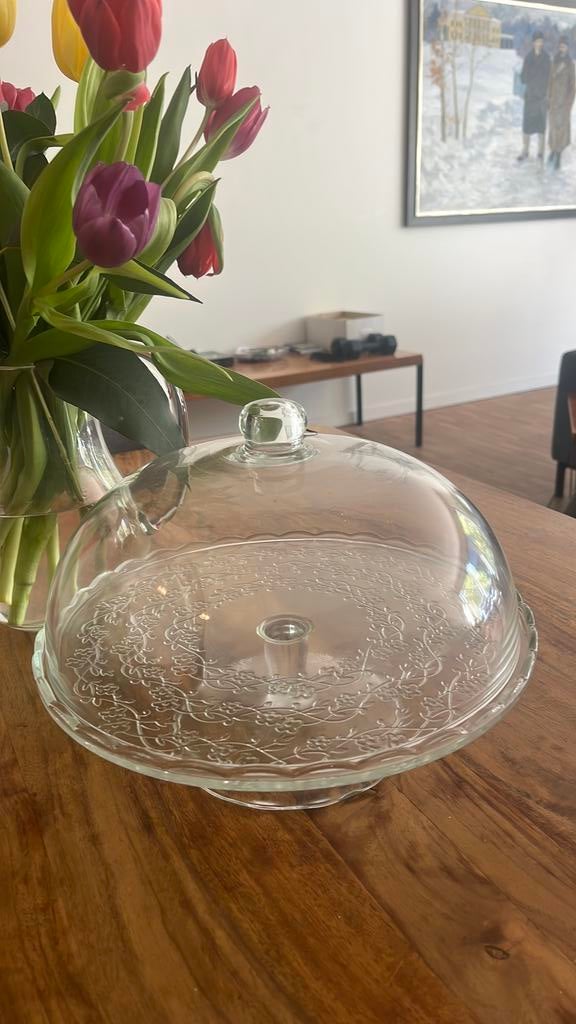 Glazen taartstolp met voet en stolp, Ophalen, Zo goed als nieuw