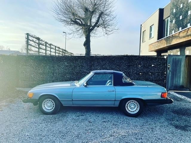 Mercedes 380 SL Cabriolet R107 + Hardtop, Diamond Blue 1985, Autos, Cuir, Achat, Cabriolet, Bleu