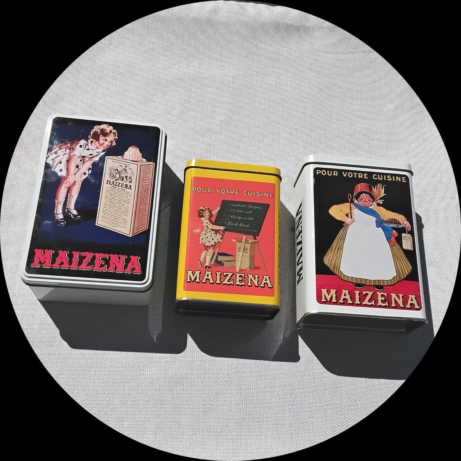 Ensemble de 3 boîtes Maizena vintage à décor de brocante fra, Collections, Enlèvement ou Envoi, Comme neuf, Autres marques