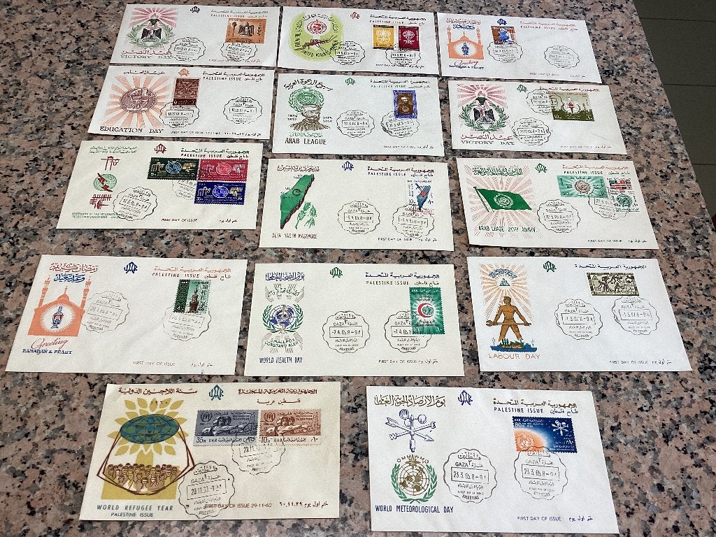 Lot van 14 oude FDC Palestine Gaza, Ophalen of Verzenden, Gestempeld, Overige thema's