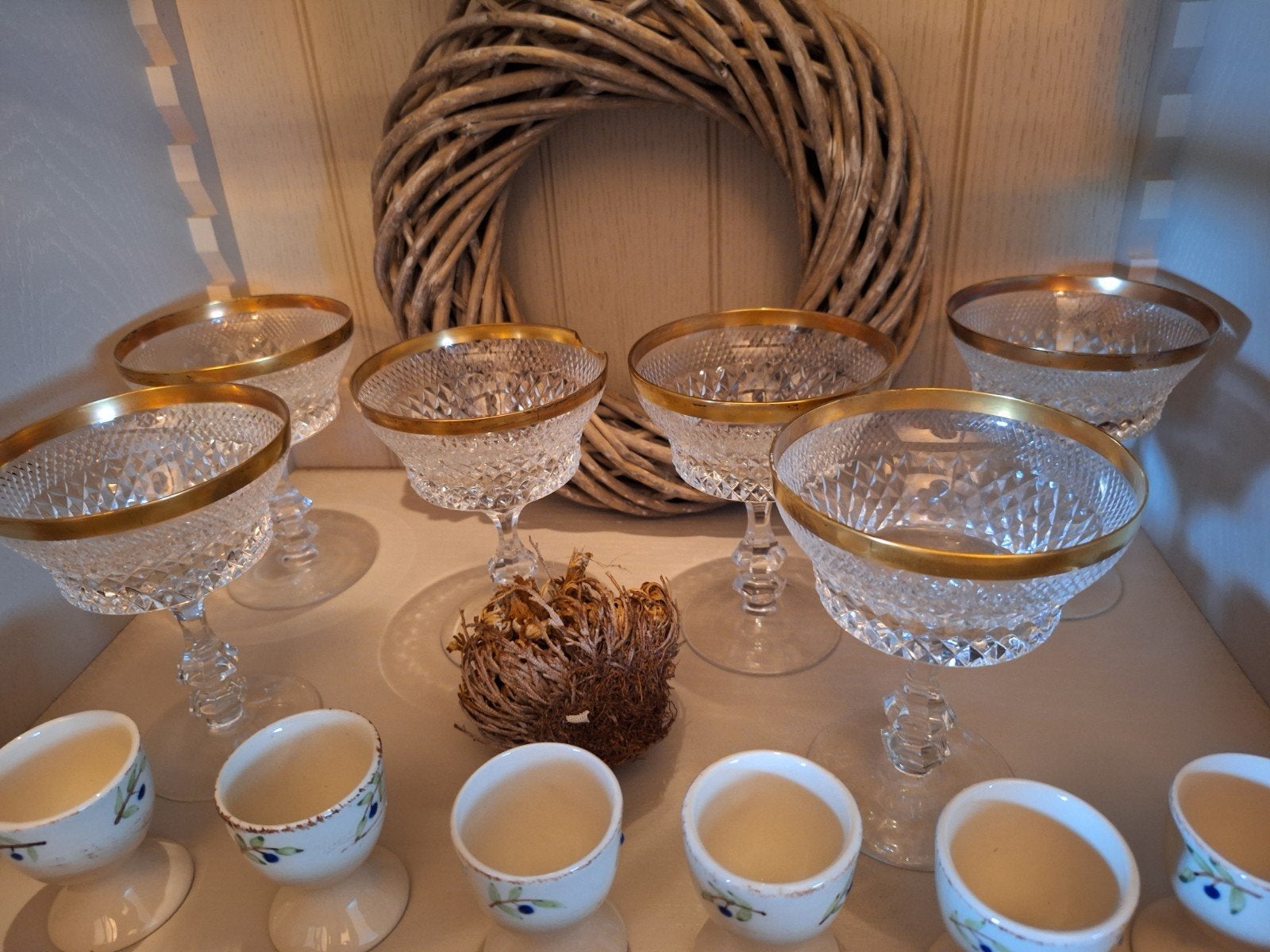 6 coupes geslepen kristal met gouden rand, Antiek en Kunst, Antiek | Servies compleet, Ophalen