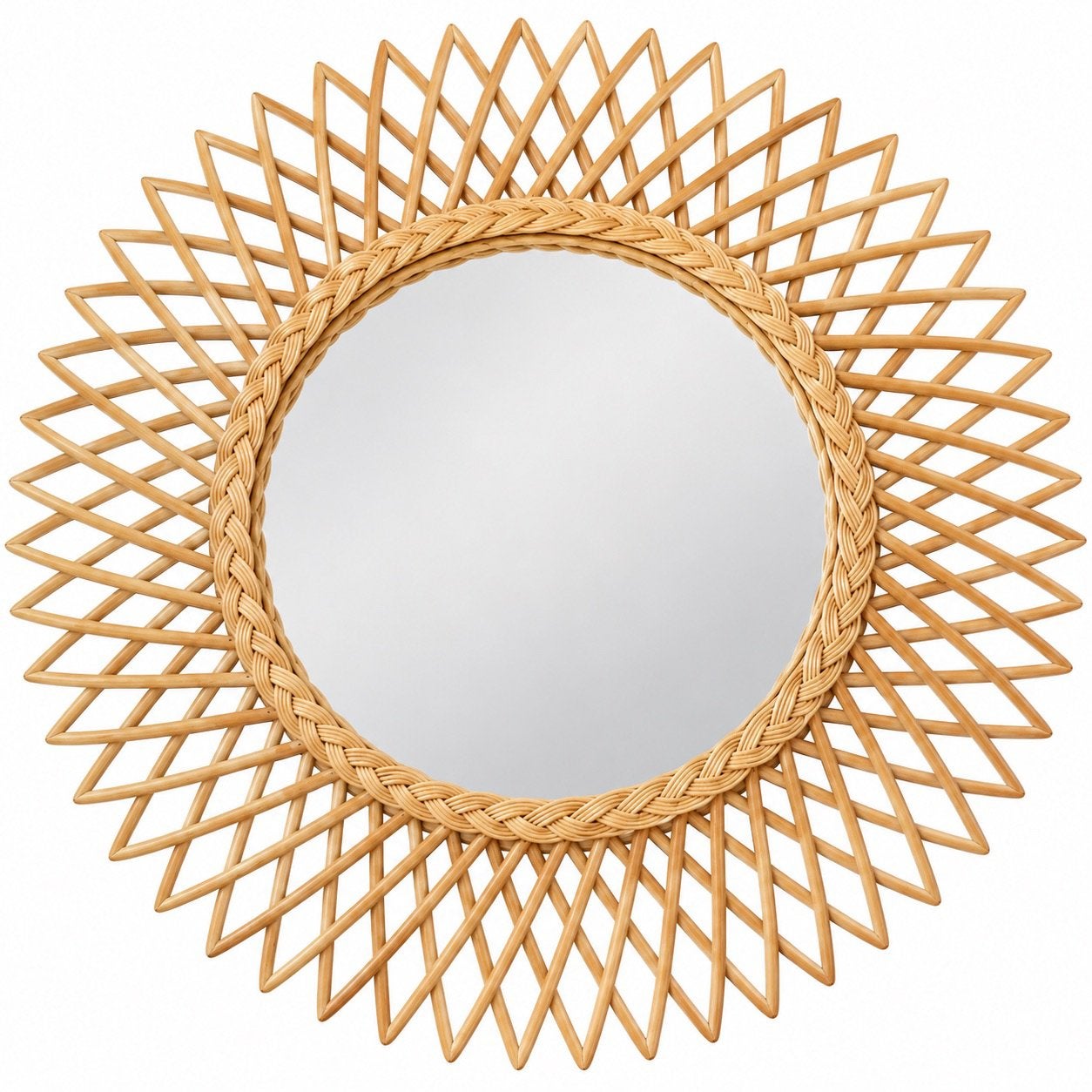 Grand miroir soleil en rotin naturel – Ø 90 cm, Moins de 100 cm, Rond, Comme neuf, Enlèvement