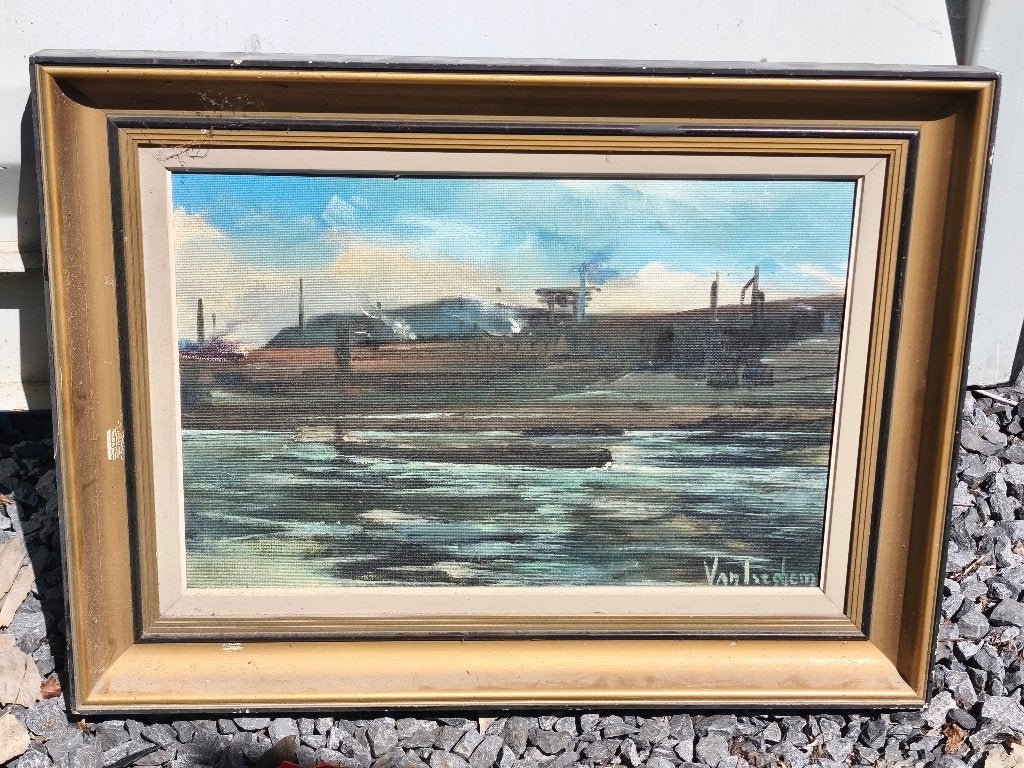 Huile sur panneau péniche signe guy iseghem, Enlèvement ou Envoi, Panneau