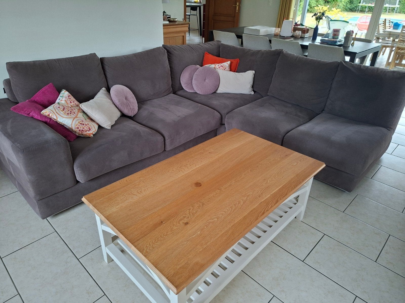 Canapé d'angle (marque Karma) + 2 poufs + table basse, Enlèvement, Bois