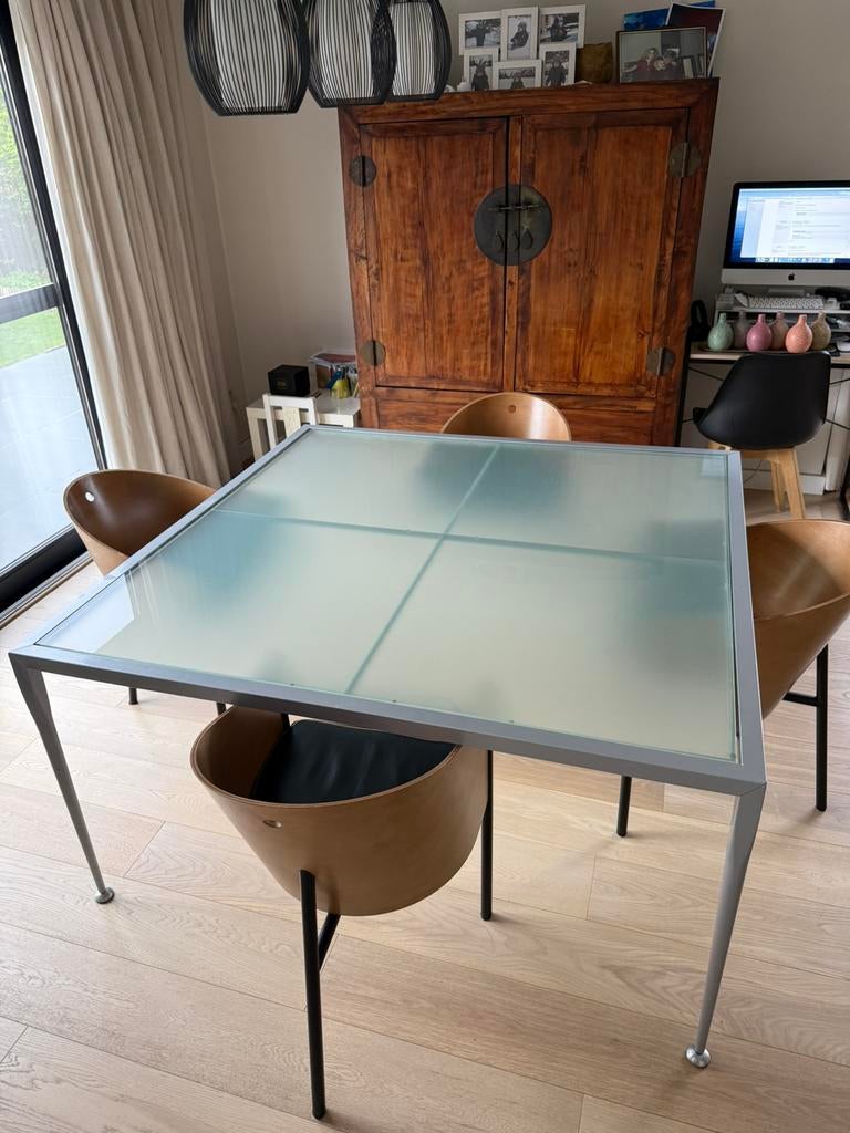 Glazen Tafel 140x140 & 4 stoelen philip stark replica, Huis en Inrichting, Ophalen, Gebruikt, Vierkant, Vijf personen of meer
