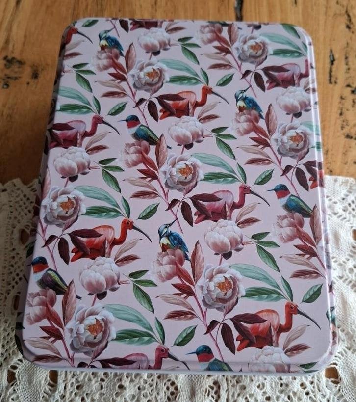 Prachtig decoratief roze blik, pioenrozen en vogels, Collections, Boîte en métal, Enlèvement ou Envoi, Comme neuf, Autre, Autres marques