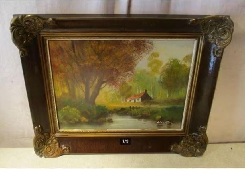 Mooi Oud Geschilderd Werk 'Huisje en Rivier' - gesign, Enlèvement ou Envoi, Peinture à l'huile, Paysage, Encadré