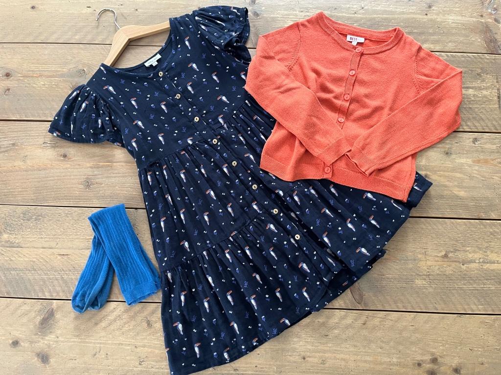 JBC, blauwe jurk toekans 128 + kniekousen CONDOR en vestje, Kinderen en Baby's, Kinderkleding | Maat 128, Meisje, Jurk of Rok