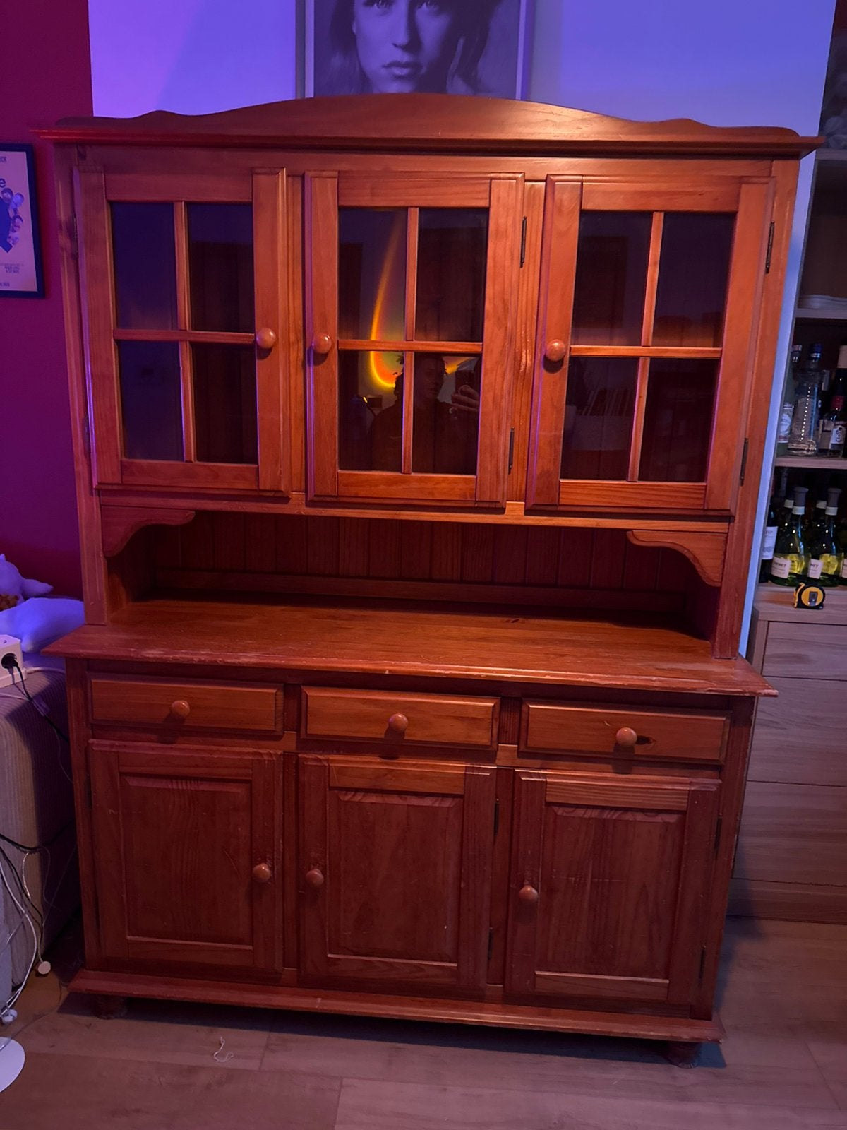 Houten buffetkast / vitrinekast met glazen deuren, Ophalen, Gebruikt, 100 tot 150 cm, 200 cm of meer