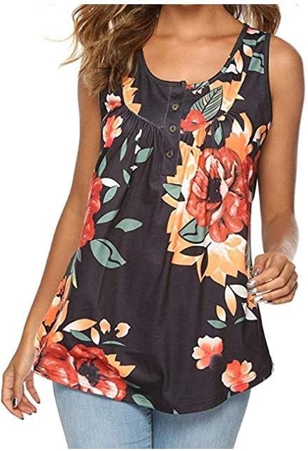 Top Débardeur fluide sans manches noir à fleurs, Envoi, Neuf, Noir, Sans manches