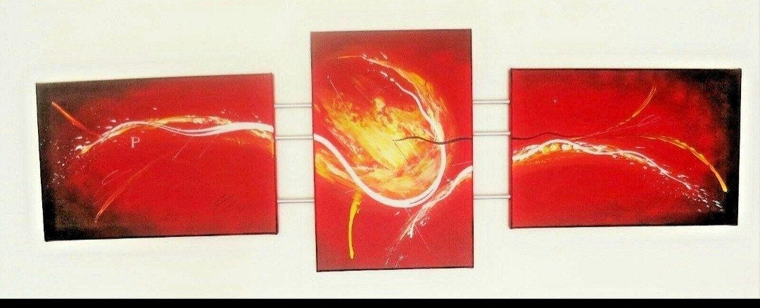 Cadre triptyque rouge feu signé Buttner 180x60cm, Fait main, Enlèvement ou Envoi, Jaune, Papier/carton