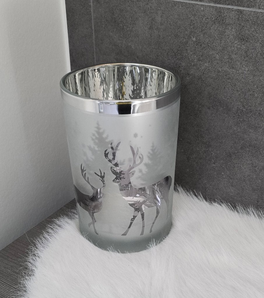 Kerstdecoratie : groot theelicht met herten en dennen, Ophalen of Verzenden, Zo goed als nieuw