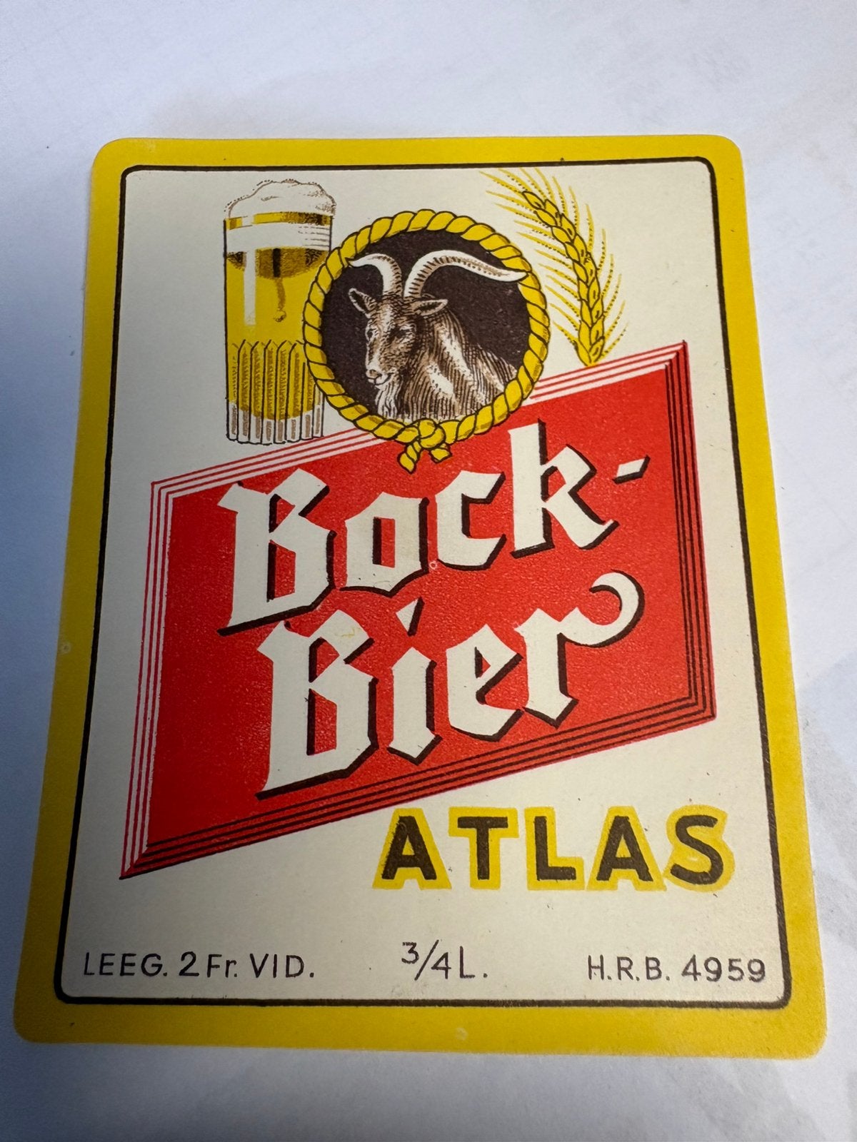 Étiquette de bière Atlas Bock 10cm-8cm, Enlèvement ou Envoi, Comme neuf