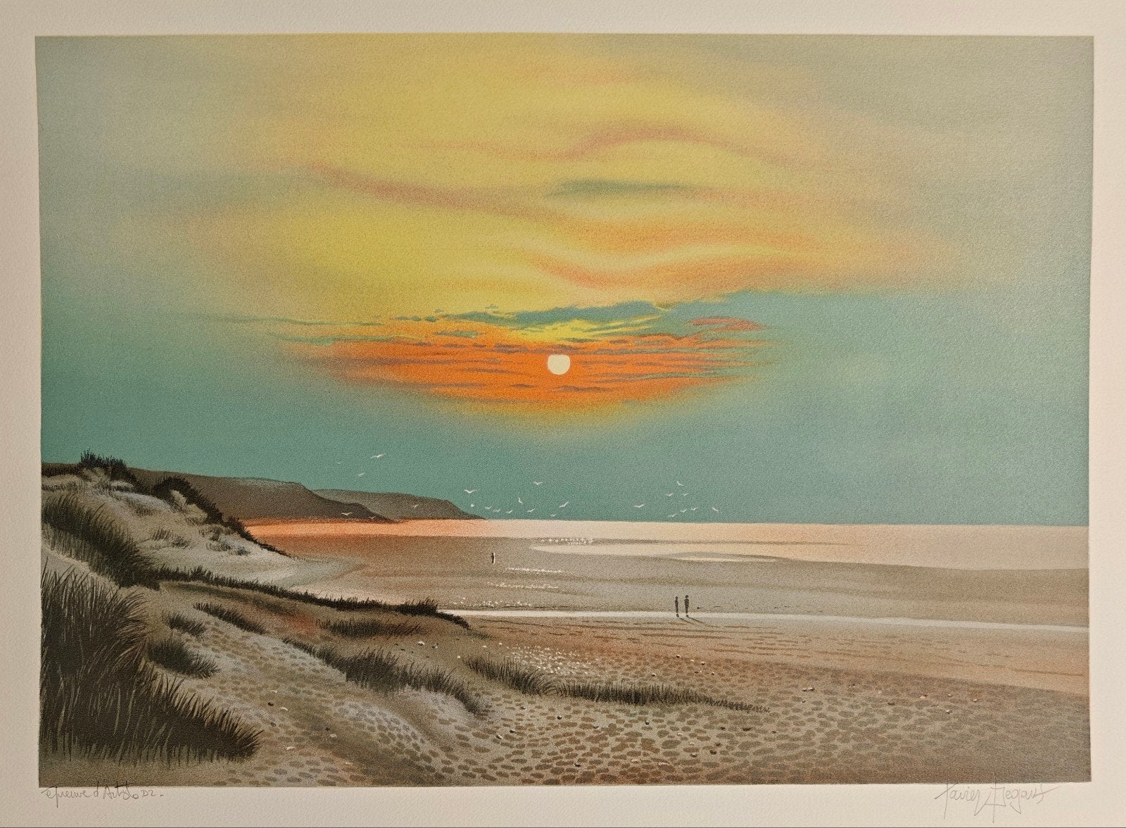 Xavier Degans, paysage marin. Lithographie, 58 cm x 41 cm, Antiquités & Art, Art | Lithographies & Sérigraphies, Enlèvement ou Envoi