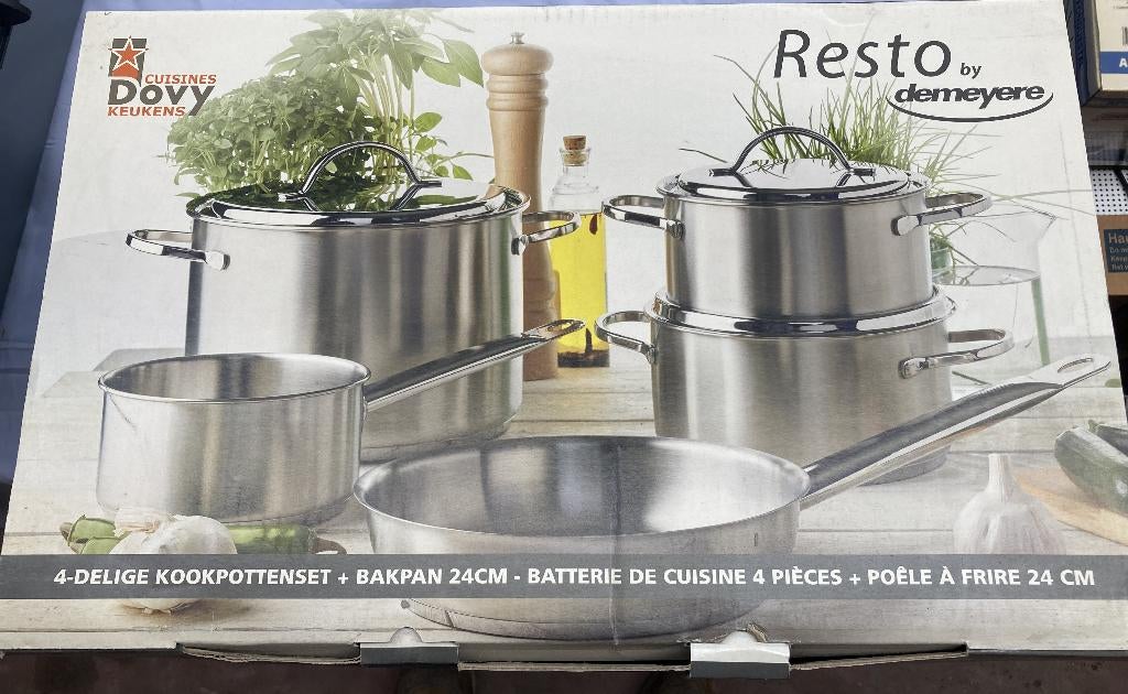 Demeyere Resto inox pannenset – 5-delig – nieuw in doos, Ophalen, Inox, Nieuw, Pannenset