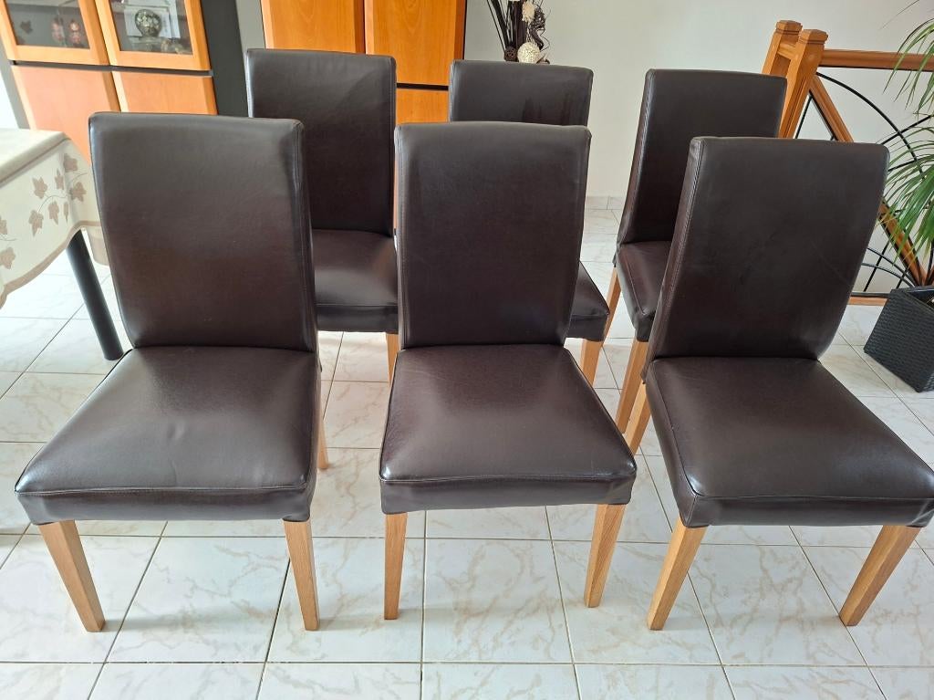 6 bruine leren eetkamerstoelen, Huis en Inrichting, Ophalen, Gebruikt, Bruin, Vijf, Zes of meer stoelen