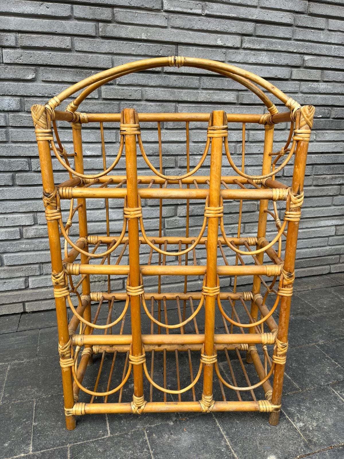 Vintage rotan bamboe flessenrek, Ophalen, 5 tot 15 flessen, Zo goed als nieuw, Overige materialen